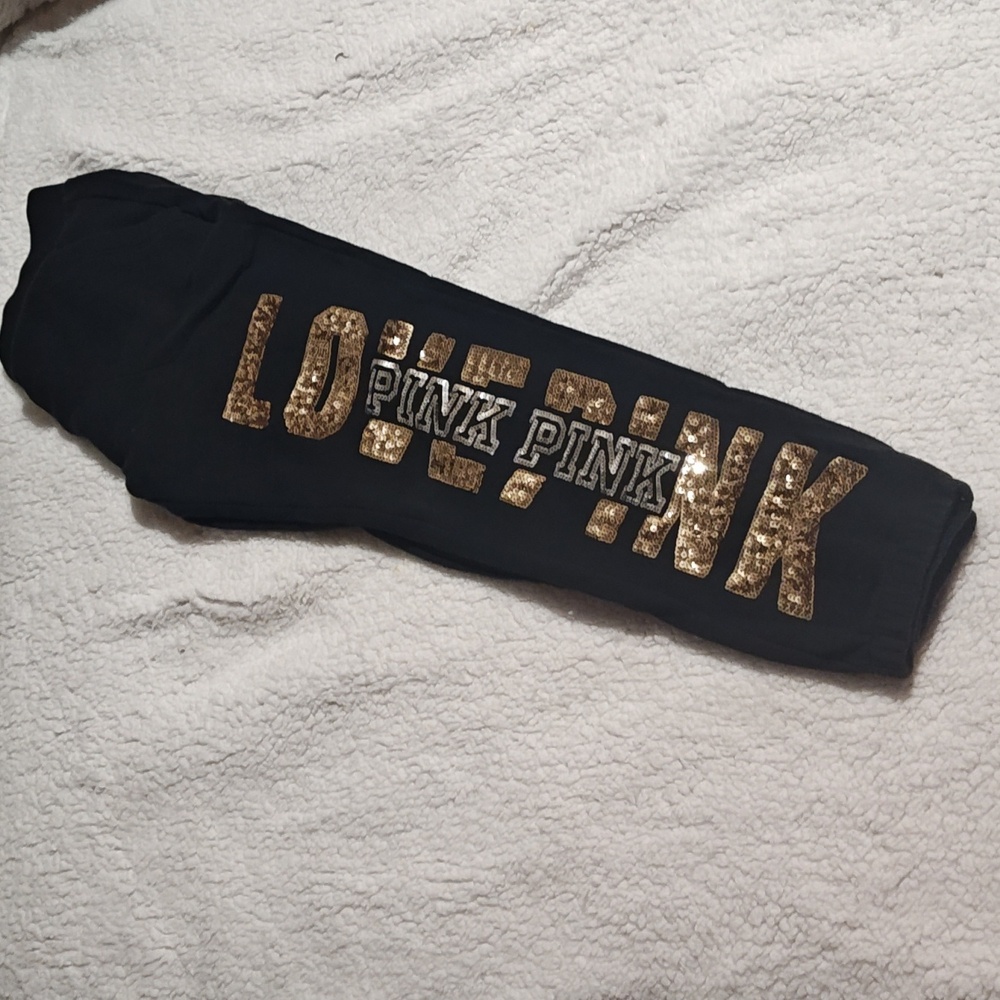 Pink Victoria Secret Sweat Pants Size Small Black With Gokd Rhinestone